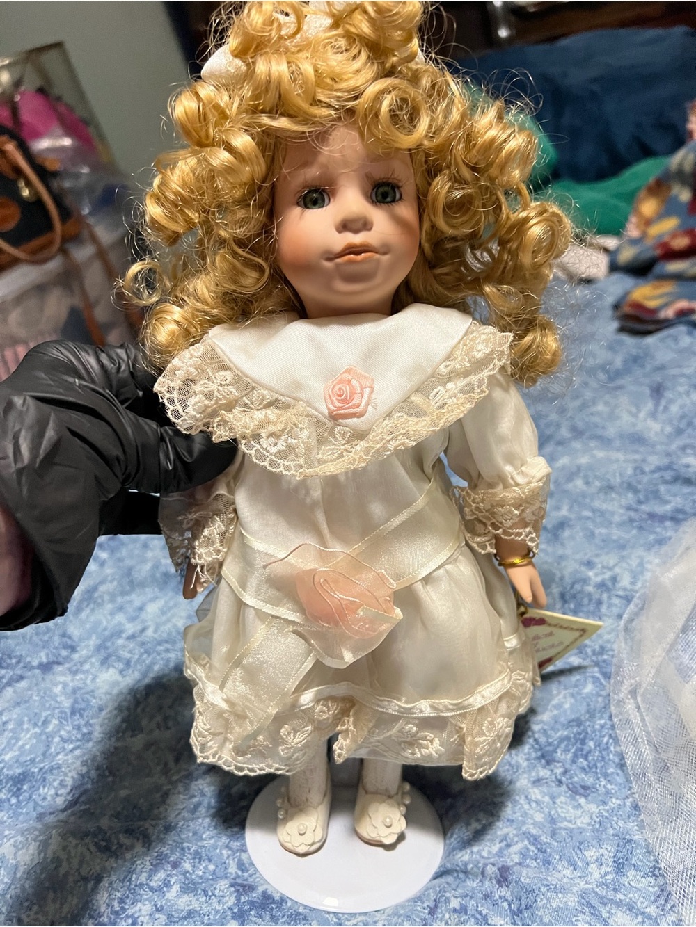 Vintage Porcelain Victorian Doll White Lace Dress